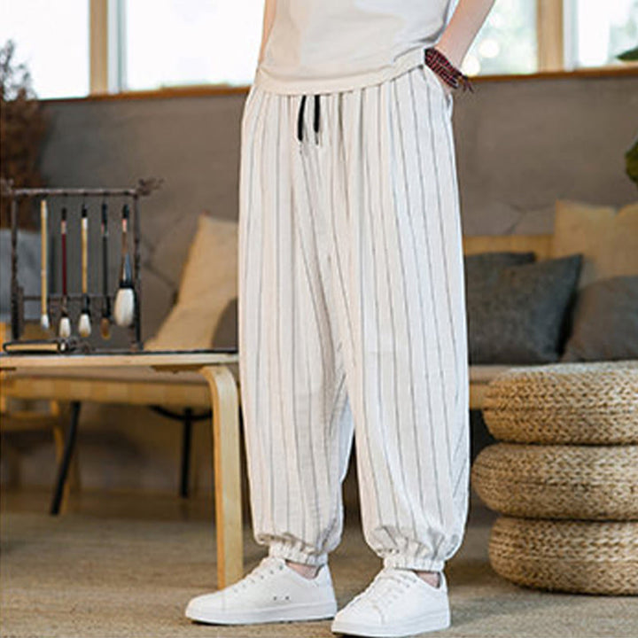 Buddha Stones Pantalones harem de verano informales para hombre, a rayas, con cordón ajustable y bolsillos. - image 44