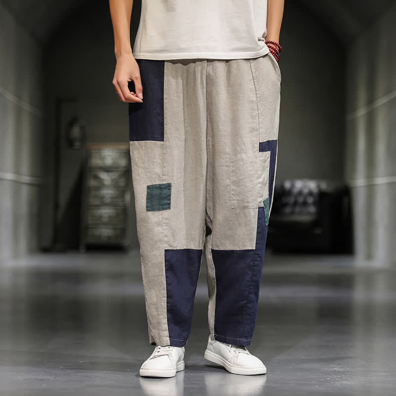 Buddha Stones Pantalones harem cortos para hombre, de algodón y lino, con bloques de color, estilo casual de primavera y con bolsillos. - Beige - US/UK/AU48，EU58(5XL) - image 0