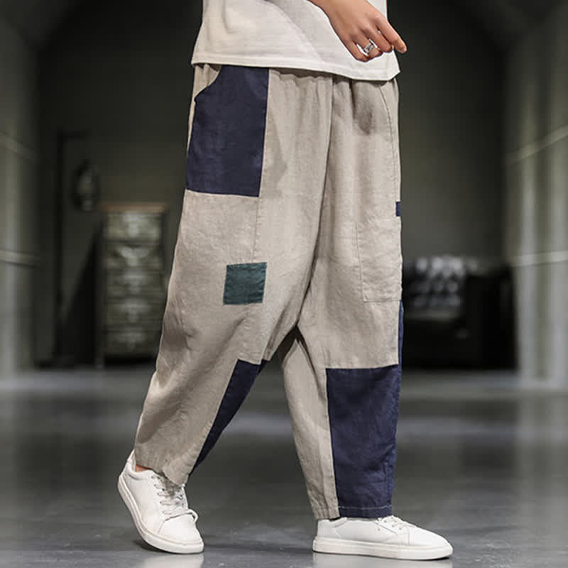 Buddha Stones Pantalones harem cortos para hombre, de algodón y lino, con bloques de color, estilo casual de primavera y con bolsillos. - image 1