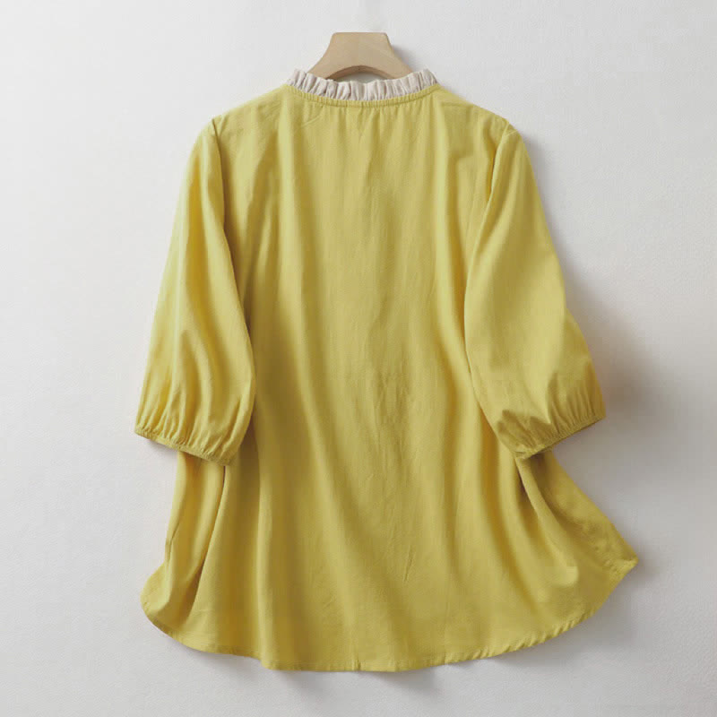 Buddha Stones Camisa de manga corta de algodón para mujer, estilo casual de verano, con botones, cuello con volantes y color liso. - image 1