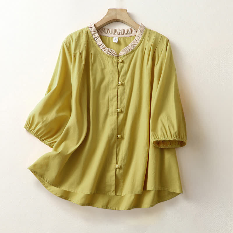 Buddha Stones Camisa de manga corta de algodón para mujer, estilo casual de verano, con botones, cuello con volantes y color liso. - vara de oro - US8-10，UK/AU12-14，EU40-42 (2XL) - image 0