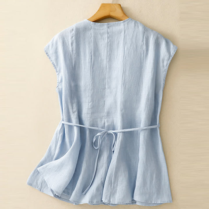 Buddha Stones Camiseta sin mangas de verano informal para mujer con cuello en V, volantes verticales y pliegues. - image 1