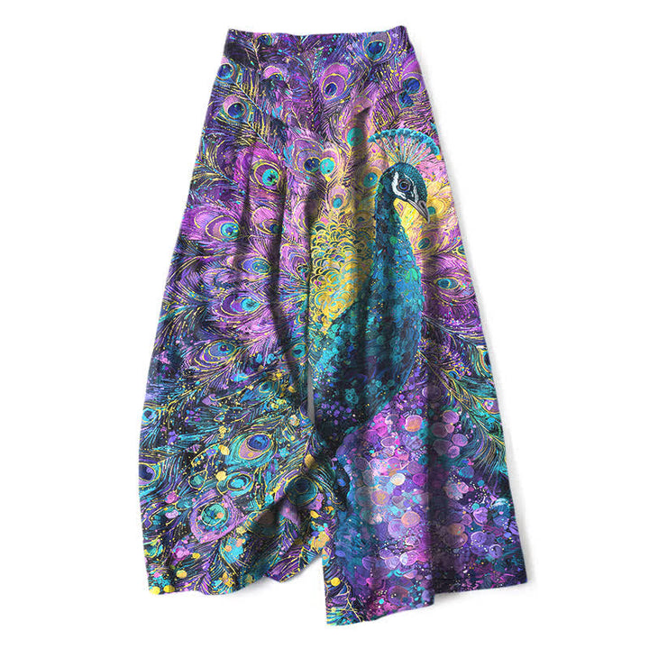 Buddha Stones Pantalones de mujer de algodón y lino con estampado de plumas de pavo real, cintura elástica y pernera ancha con bolsillos. - Violeta azul - US16，UK/AU20，EU48 (3XL) - image 0