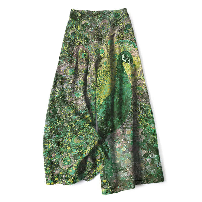 Buddha Stones Pantalones de mujer de algodón y lino con estampado de plumas de pavo real, cintura elástica y pernera ancha con bolsillos. - Verde bosque - US16，UK/AU20，EU48 (3XL) - image 4