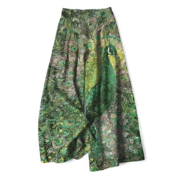 Buddha Stones Pantalones de mujer de algodón y lino con estampado de plumas de pavo real, cintura elástica y pernera ancha con bolsillos. - Verde bosque - US16，UK/AU20，EU48 (3XL) - image 4