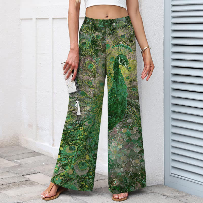 Buddha Stones Pantalones de mujer de algodón y lino con estampado de plumas de pavo real, cintura elástica y pernera ancha con bolsillos. - image 5
