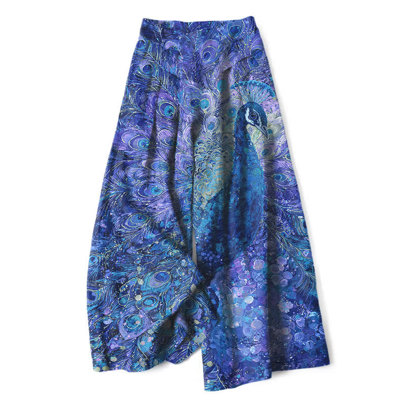 Buddha Stones Pantalones de mujer de algodón y lino con estampado de plumas de pavo real, cintura elástica y pernera ancha con bolsillos. - Azul real - US16，UK/AU20，EU48 (3XL) - image 6