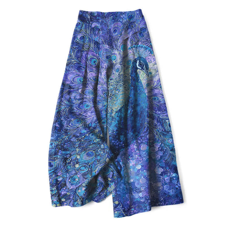 Buddha Stones Pantalones de mujer de algodón y lino con estampado de plumas de pavo real, cintura elástica y pernera ancha con bolsillos. - Azul real - US16，UK/AU20，EU48 (3XL) - image 6