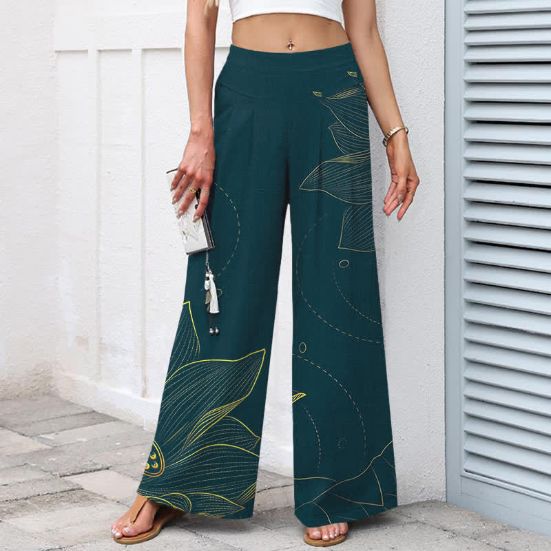 Buddha Stones Pantalones de mujer de algodón y lino con estampado de loto y pernera ancha, cintura elástica y bolsillos. - image 1