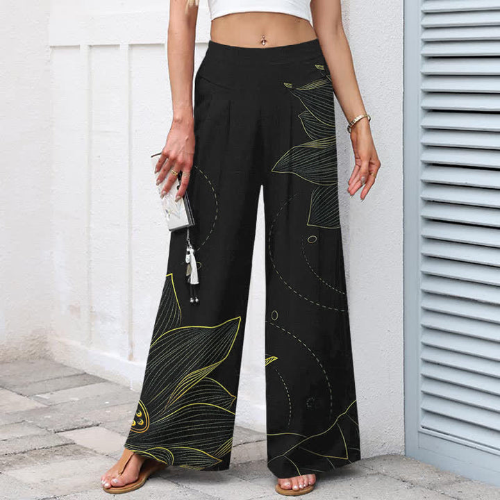 Buddha Stones Pantalones de mujer de algodón y lino con estampado de loto y pernera ancha, cintura elástica y bolsillos. - image 7