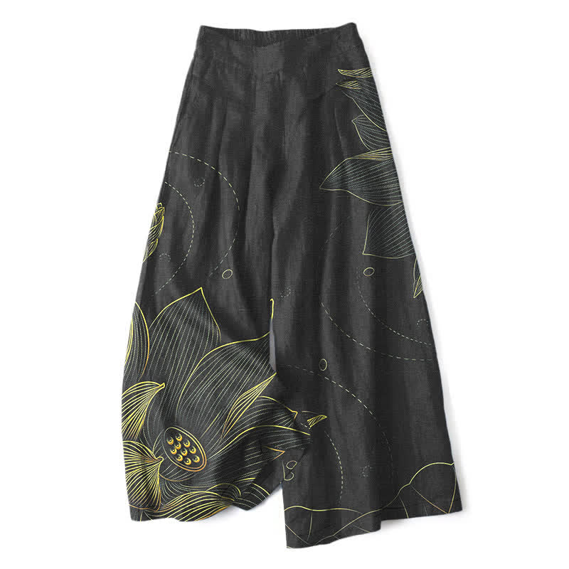 Buddha Stones Pantalones de mujer de algodón y lino con estampado de loto y pernera ancha, cintura elástica y bolsillos. - Negro - US16，UK/AU20，EU48 (3XL) - image 6