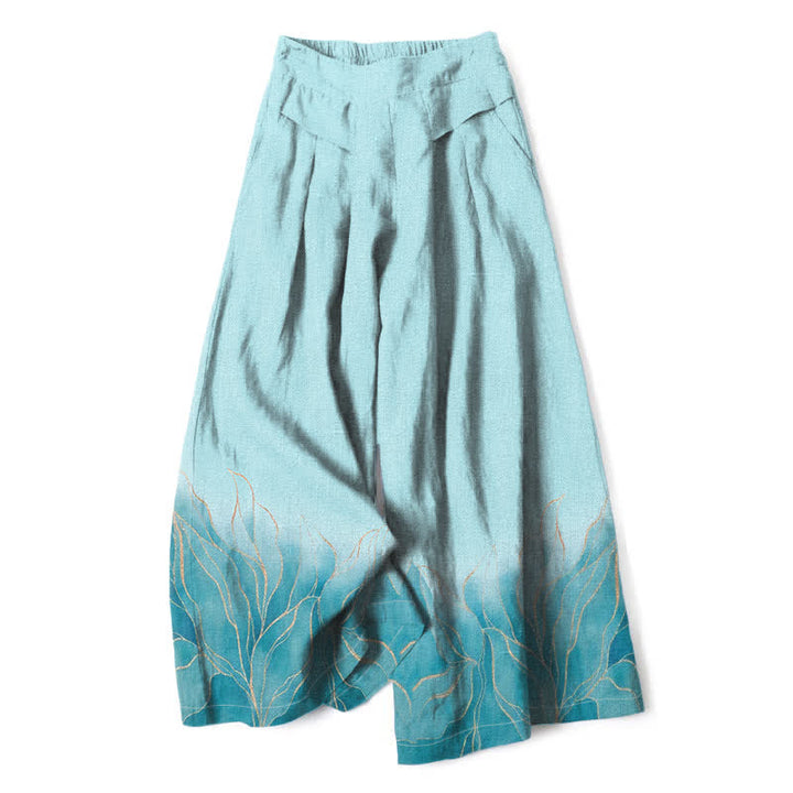 Buddha Stones Pantalones de mujer de algodón y lino con estampado degradado de hojas, cintura elástica y pernera ancha con bolsillos. - Turquesa pálido - US16，UK/AU20，EU48 (3XL) - image 0