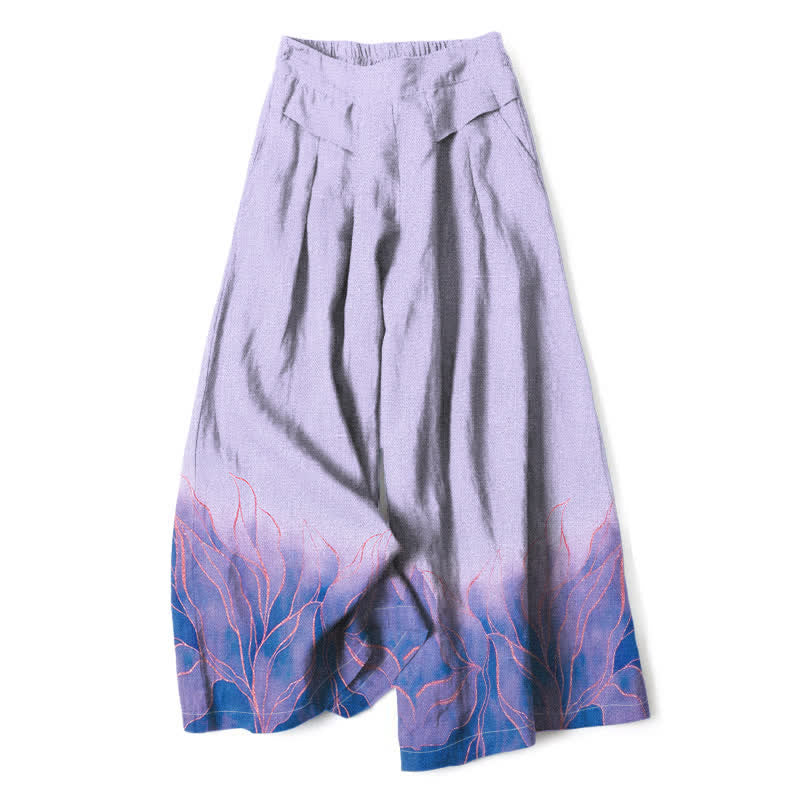 Buddha Stones Pantalones de mujer de algodón y lino con estampado degradado de hojas, cintura elástica y pernera ancha con bolsillos. - Lavanda - US16，UK/AU20，EU48 (3XL) - image 6