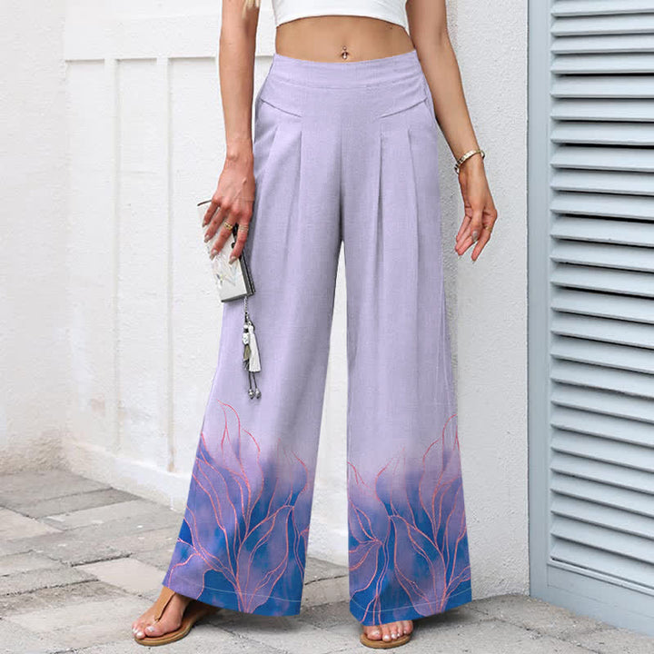 Buddha Stones Pantalones de mujer de algodón y lino con estampado degradado de hojas, cintura elástica y pernera ancha con bolsillos. - image 7