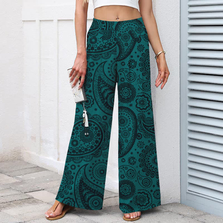 Buddha Stones Pantalones de mujer de algodón y lino con estampado bohemio de cachemir, cintura elástica y pernera ancha con bolsillos. - image 1