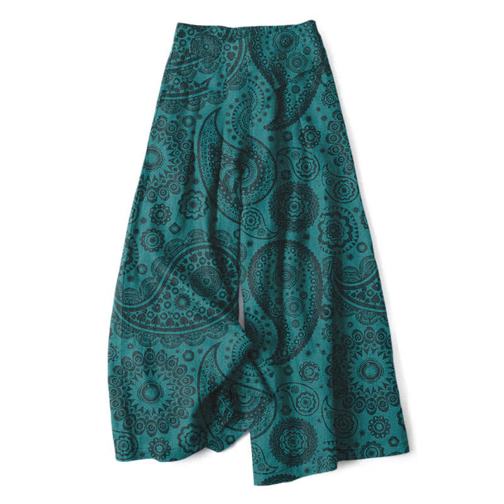 Buddha Stones Pantalones de mujer de algodón y lino con estampado bohemio de cachemir, cintura elástica y pernera ancha con bolsillos. - Verde azulado - US16，UK/AU20，EU48 (3XL) - image 0