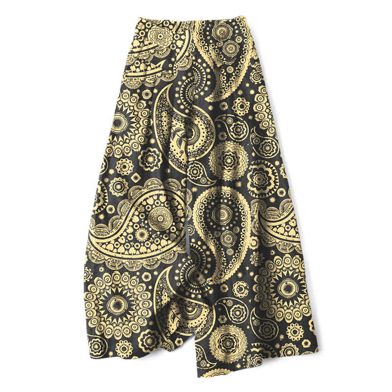 Buddha Stones Pantalones de mujer de algodón y lino con estampado bohemio de cachemir, cintura elástica y pernera ancha con bolsillos. - Caqui oscuro - US16，UK/AU20，EU48 (3XL) - image 4