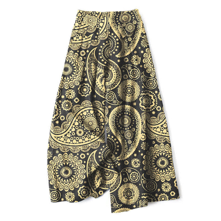 Buddha Stones Pantalones de mujer de algodón y lino con estampado bohemio de cachemir, cintura elástica y pernera ancha con bolsillos. - Caqui oscuro - US16，UK/AU20，EU48 (3XL) - image 4