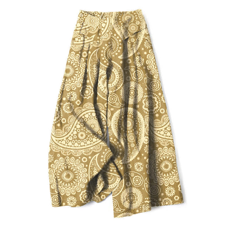 Buddha Stones Pantalones de mujer de algodón y lino con estampado bohemio de cachemir, cintura elástica y pernera ancha con bolsillos. - Caqui - US16，UK/AU20，EU48 (3XL) - image 6