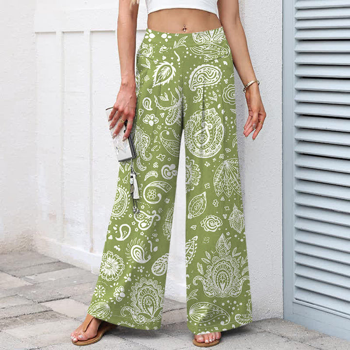 Buddha Stones Pantalones de mujer de algodón y lino con estampado paisley en color oliva, cintura elástica y pernera ancha con bolsillos. - image 1