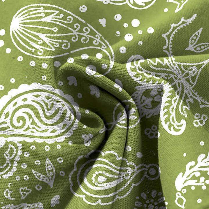 Buddha Stones Pantalones de mujer de algodón y lino con estampado paisley en color oliva, cintura elástica y pernera ancha con bolsillos. - image 3
