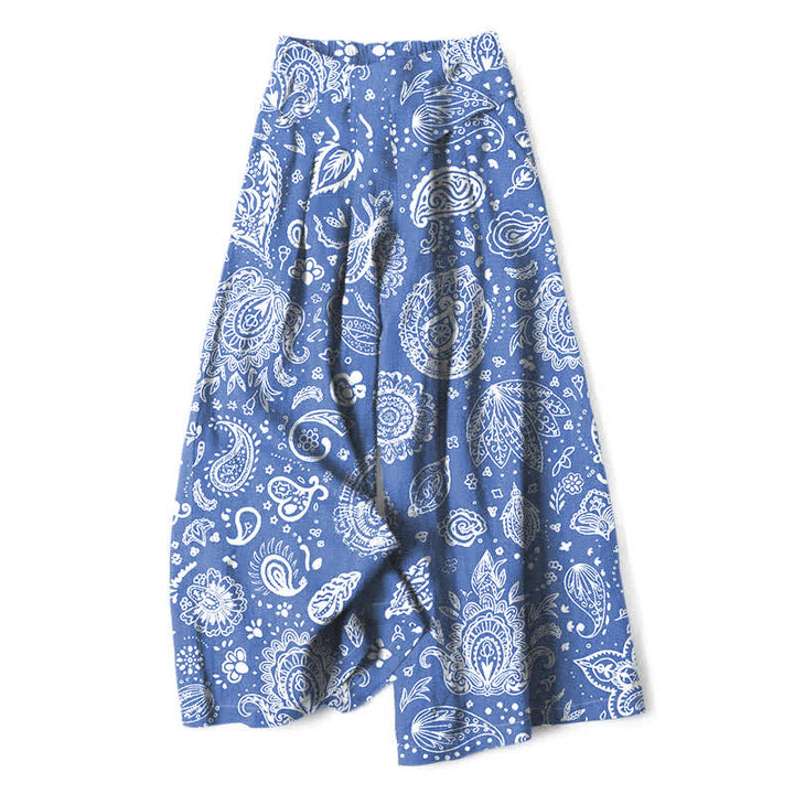 Buddha Stones Pantalones de mujer de algodón y lino con estampado paisley en color oliva, cintura elástica y pernera ancha con bolsillos. - Azul aciano - US16，UK/AU20，EU48 (3XL) - image 4