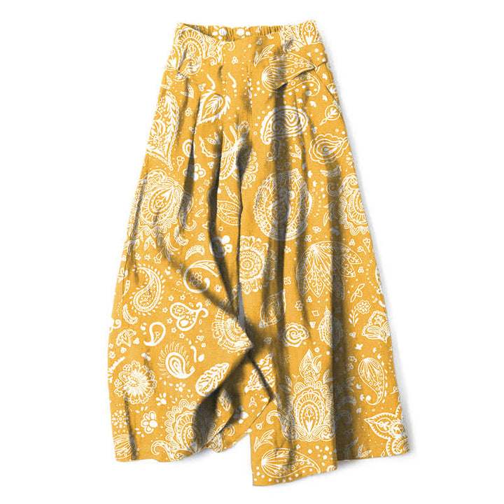Buddha Stones Pantalones de mujer de algodón y lino con estampado paisley en color oliva, cintura elástica y pernera ancha con bolsillos. - vara de oro - US16，UK/AU20，EU48 (3XL) - image 6