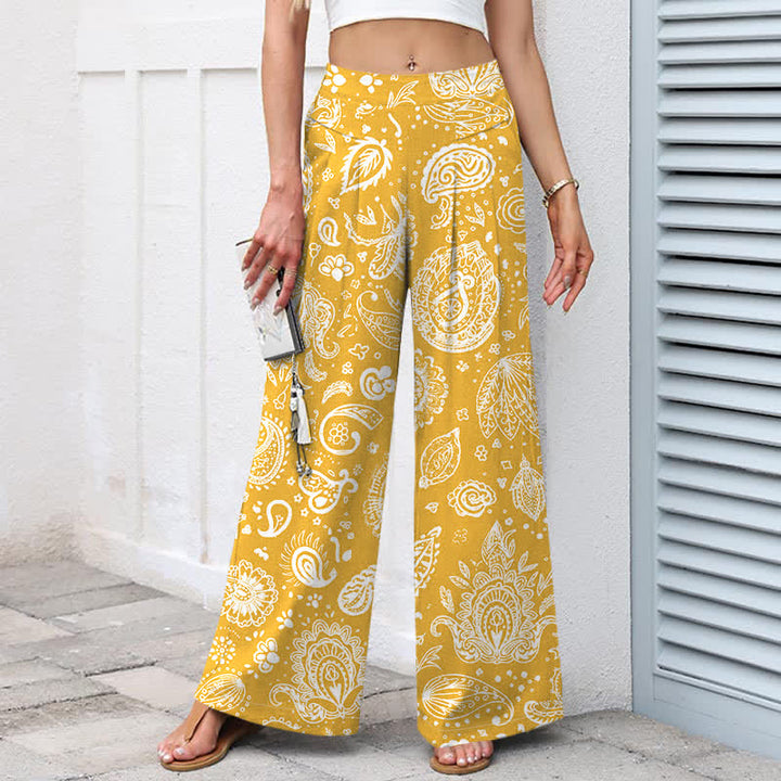 Buddha Stones Pantalones de mujer de algodón y lino con estampado paisley en color oliva, cintura elástica y pernera ancha con bolsillos. - image 7