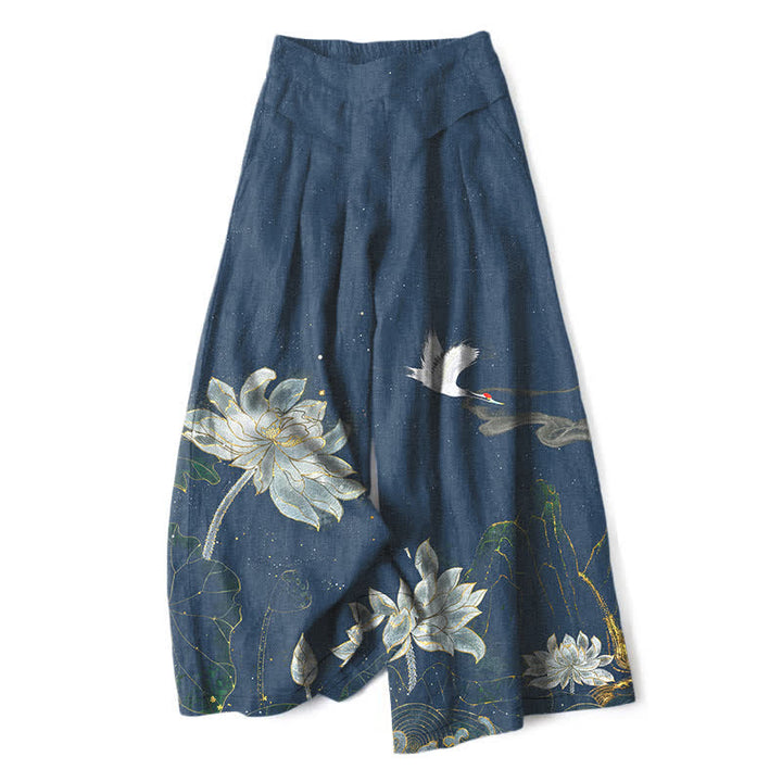 Buddha Stones Pantalones de mujer de algodón y lino con estampado de loto y grulla, cintura elástica, pernera ancha y bolsillos. - Verde azulado - US16，UK/AU20，EU48 (3XL) - image 6
