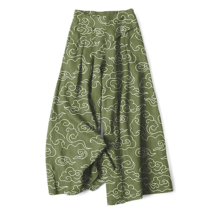 Buddha Stones Pantalones de mujer de algodón y lino con estampado de nubes, cintura elástica y pernera ancha con bolsillos. - Verde oliva - US16，UK/AU20，EU48 (3XL) - image 4