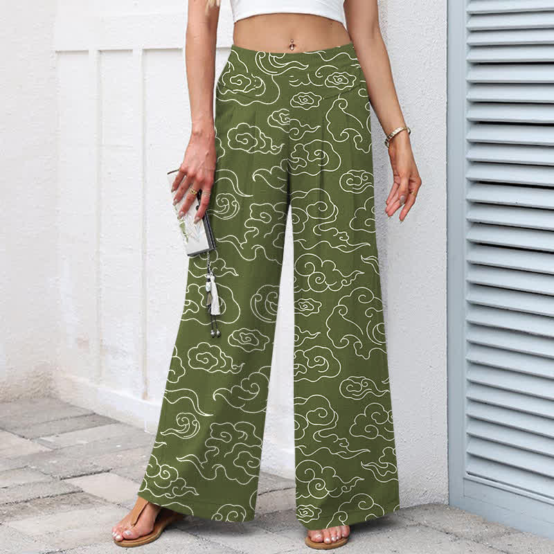Buddha Stones Pantalones de mujer de algodón y lino con estampado de nubes, cintura elástica y pernera ancha con bolsillos. - image 5