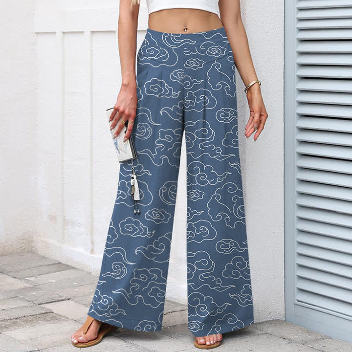 Buddha Stones Pantalones de mujer de algodón y lino con estampado de nubes, cintura elástica y pernera ancha con bolsillos. - image 7