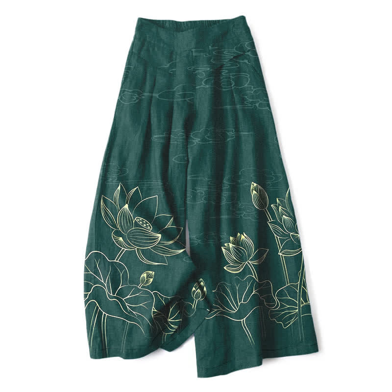 Buddha Stones Pantalones de mujer de algodón y lino con estampado de loto y pernera ancha, cintura elástica y bolsillos. - Verde bosque - US16，UK/AU20，EU48 (3XL) - image 0