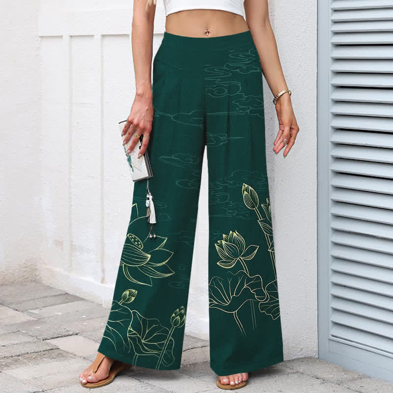 Buddha Stones Pantalones de mujer de algodón y lino con estampado de loto y pernera ancha, cintura elástica y bolsillos. - image 1