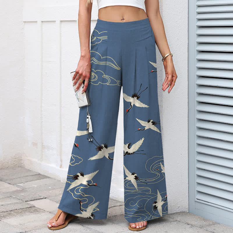 Buddha Stones Pantalones de mujer de algodón y lino con estampado de grullas y nubes, cintura elástica, pernera ancha y bolsillos. - image 1