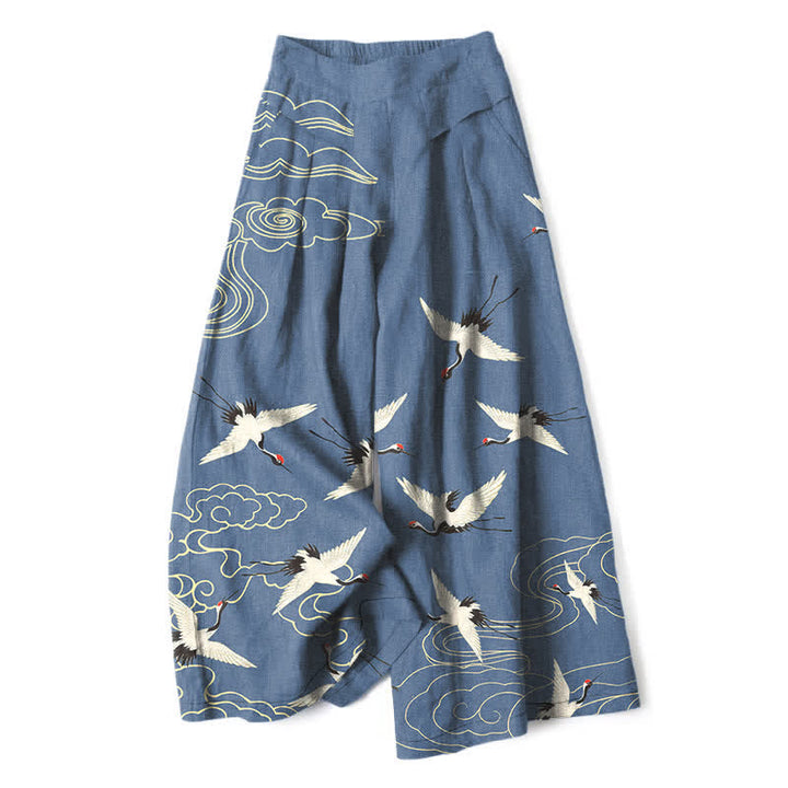 Buddha Stones Pantalones de mujer de algodón y lino con estampado de grullas y nubes, cintura elástica, pernera ancha y bolsillos. - Azul acero - US16，UK/AU20，EU48 (3XL) - image 0