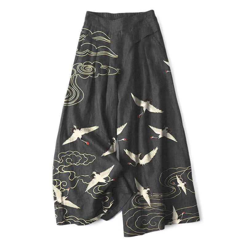 Buddha Stones Pantalones de mujer de algodón y lino con estampado de grullas y nubes, cintura elástica, pernera ancha y bolsillos. - Negro - US16，UK/AU20，EU48 (3XL) - image 4