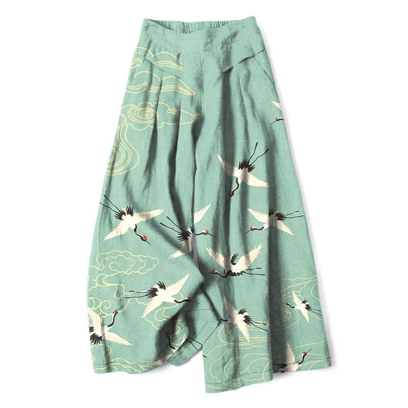 Buddha Stones Pantalones de mujer de algodón y lino con estampado de grullas y nubes, cintura elástica, pernera ancha y bolsillos. - Aguamarina medio - US16，UK/AU20，EU48 (3XL) - image 6