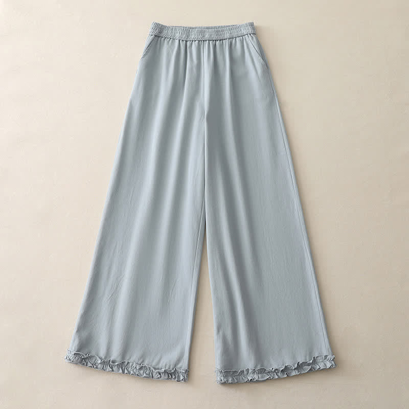 Buddha Stones Pantalones de mujer de pierna ancha con volantes en el bajo, de algodón liso, estilo casual de primavera, con bolsillos. - image 0
