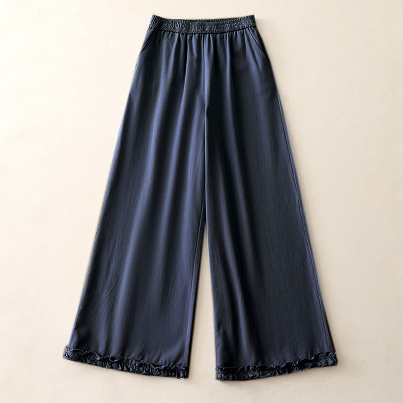 Buddha Stones Pantalones de mujer de pierna ancha con volantes en el bajo, de algodón liso, estilo casual de primavera, con bolsillos. - image 18
