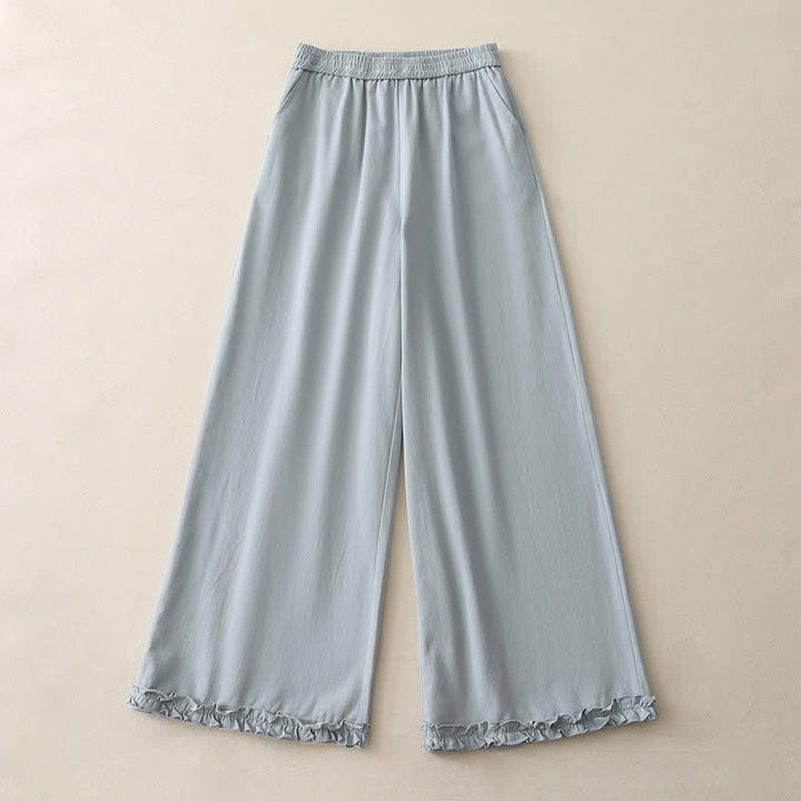 Buddha Stones Pantalones de mujer de pierna ancha con volantes en el bajo, de algodón liso, estilo casual de primavera, con bolsillos. - image 1