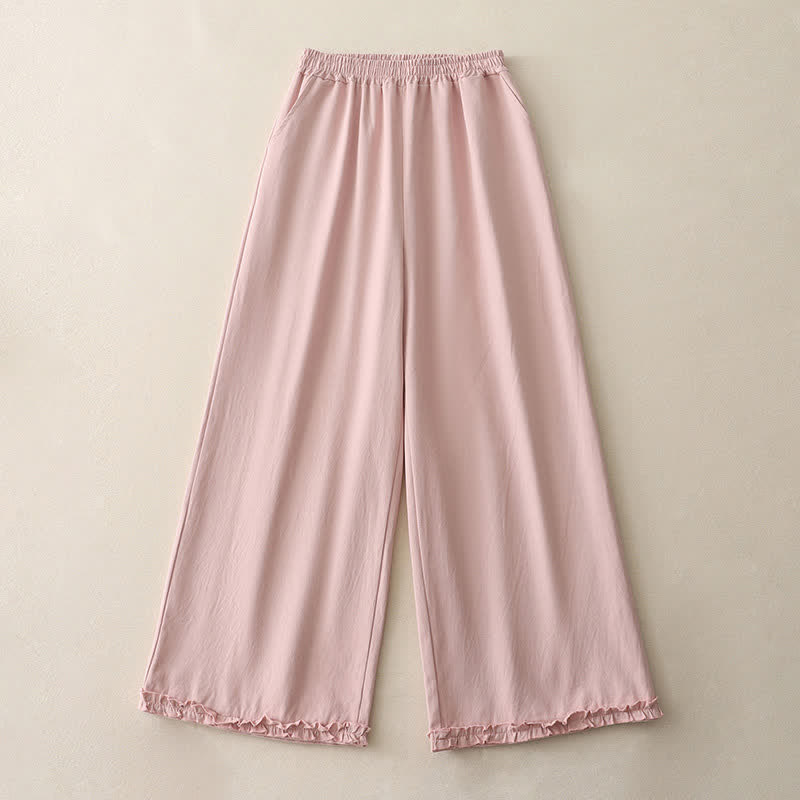 Buddha Stones Pantalones de mujer de pierna ancha con volantes en el bajo, de algodón liso, estilo casual de primavera, con bolsillos. - image 14