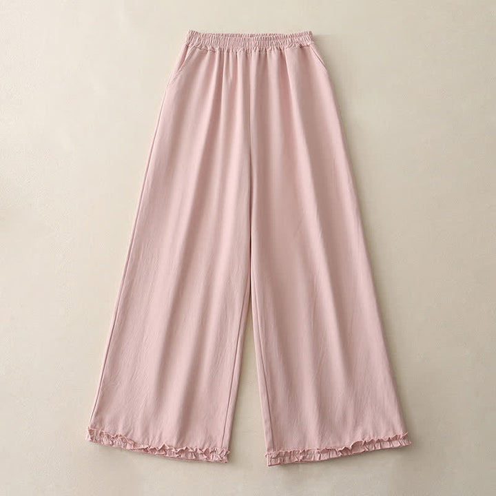 Buddha Stones Pantalones de mujer de pierna ancha con volantes en el bajo, de algodón liso, estilo casual de primavera, con bolsillos. - image 14