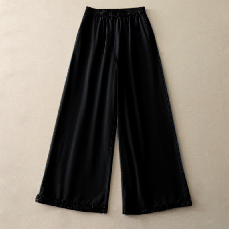 Buddha Stones Pantalones de mujer de pierna ancha con volantes en el bajo, de algodón liso, estilo casual de primavera, con bolsillos. - image 19