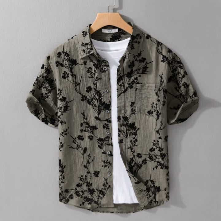 Buddha Stones Camisa de manga corta para hombre, estilo casual de verano, con botones y estampado floral. Bolsillo decorativo. - Verde oliva - US/UK/AU44，EU54 (3XL) - image 0