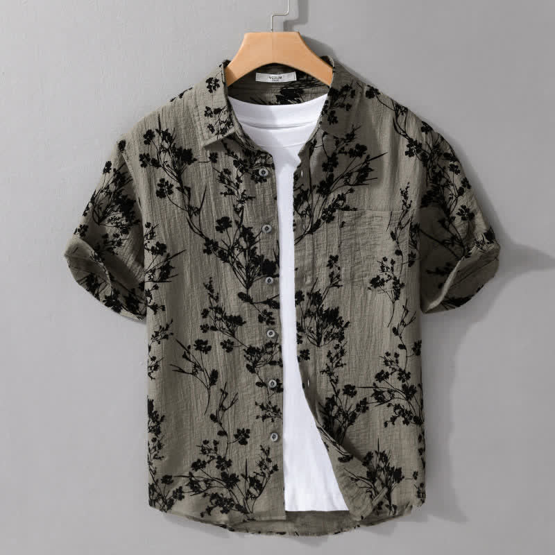 Buddha Stones Camisa de manga corta para hombre, estilo casual de verano, con botones y estampado floral. Bolsillo decorativo. - Verde oliva - US/UK/AU44，EU54 (3XL) - image 0