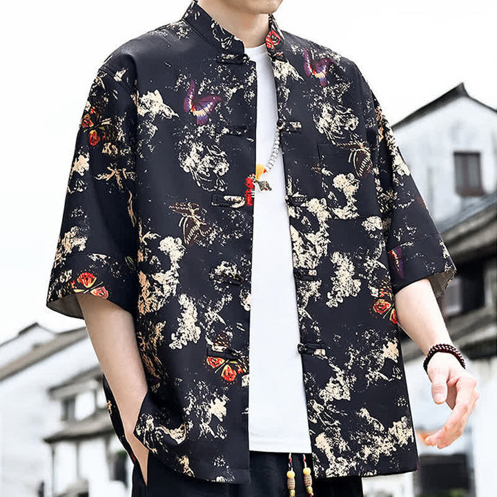Buddha Stones Camisa de manga tres cuartos para hombre con estampado floral, de mariposas y botones de rana, estilo Summer Tang, con bolsillo en el pecho. - image 4