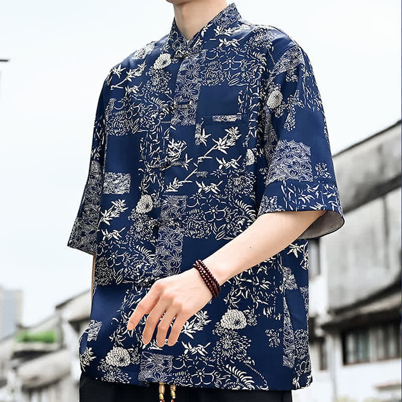 Buddha Stones Camisa de manga tres cuartos para hombre con estampado floral, de mariposas y botones de rana, estilo Summer Tang, con bolsillo en el pecho. - image 11
