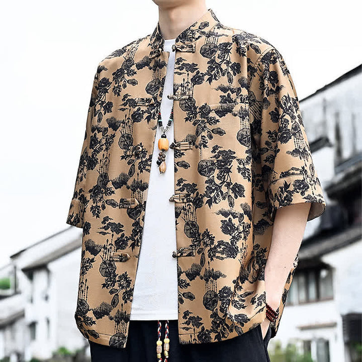 Buddha Stones Camisa de manga tres cuartos para hombre con estampado floral, de mariposas y botones de rana, estilo Summer Tang, con bolsillo en el pecho. - BurlyWood - US/UK/AU46, EU56 (5XL) - image 13