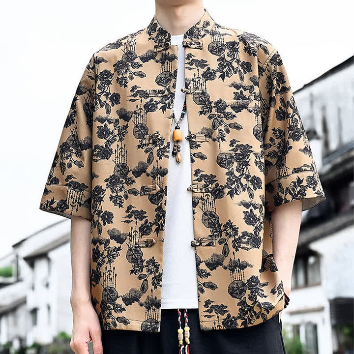 Buddha Stones Camisa de manga tres cuartos para hombre con estampado floral, de mariposas y botones de rana, estilo Summer Tang, con bolsillo en el pecho. - image 15